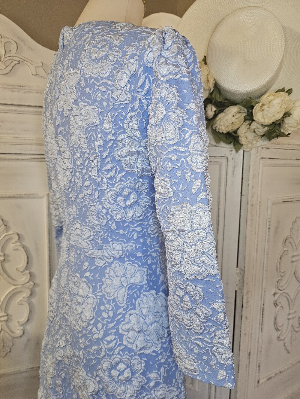 Fehaute Light Blue Floral Jacquard Vintage Inspired Midi A-Line Cocktail Dress - Picture 6 of 8